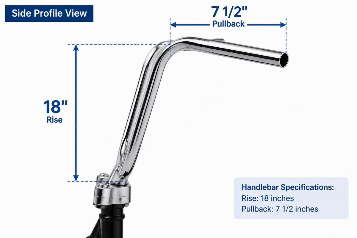 Side profile view showing 18 inch rise and 7 1/2 inch pullback on chrome handlebars