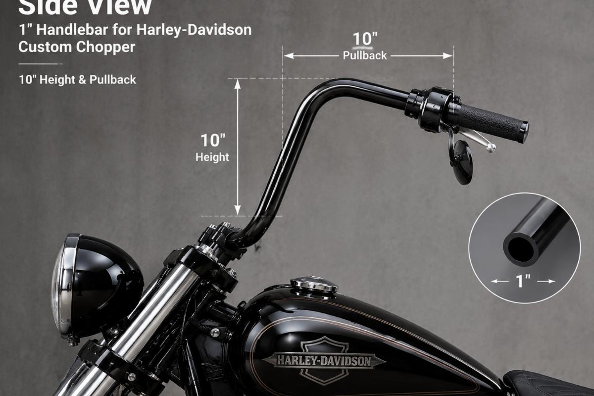 Side view of 1" handlebar for harley-davidson custom chopper showing 10 inch height and pullback