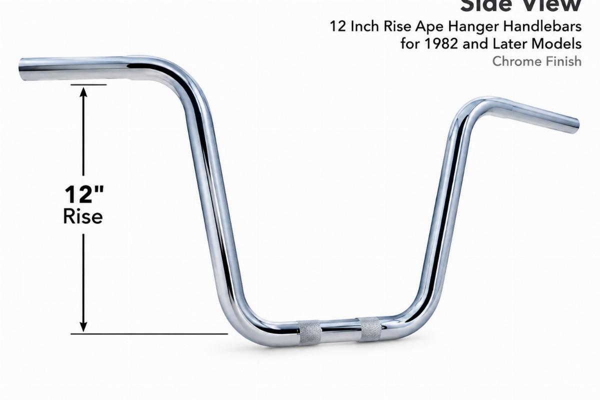 Side view of 12 inch rise ape hanger handlebars for 1982 and later models showing chrome finish
