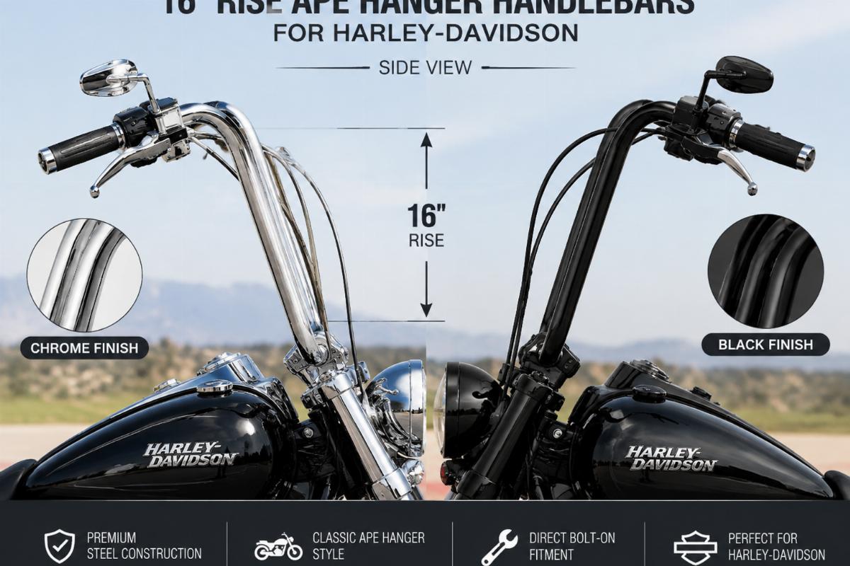 Side view of 16-inch rise ape hanger handlebars for harley-davidson showing chrome and black finish options