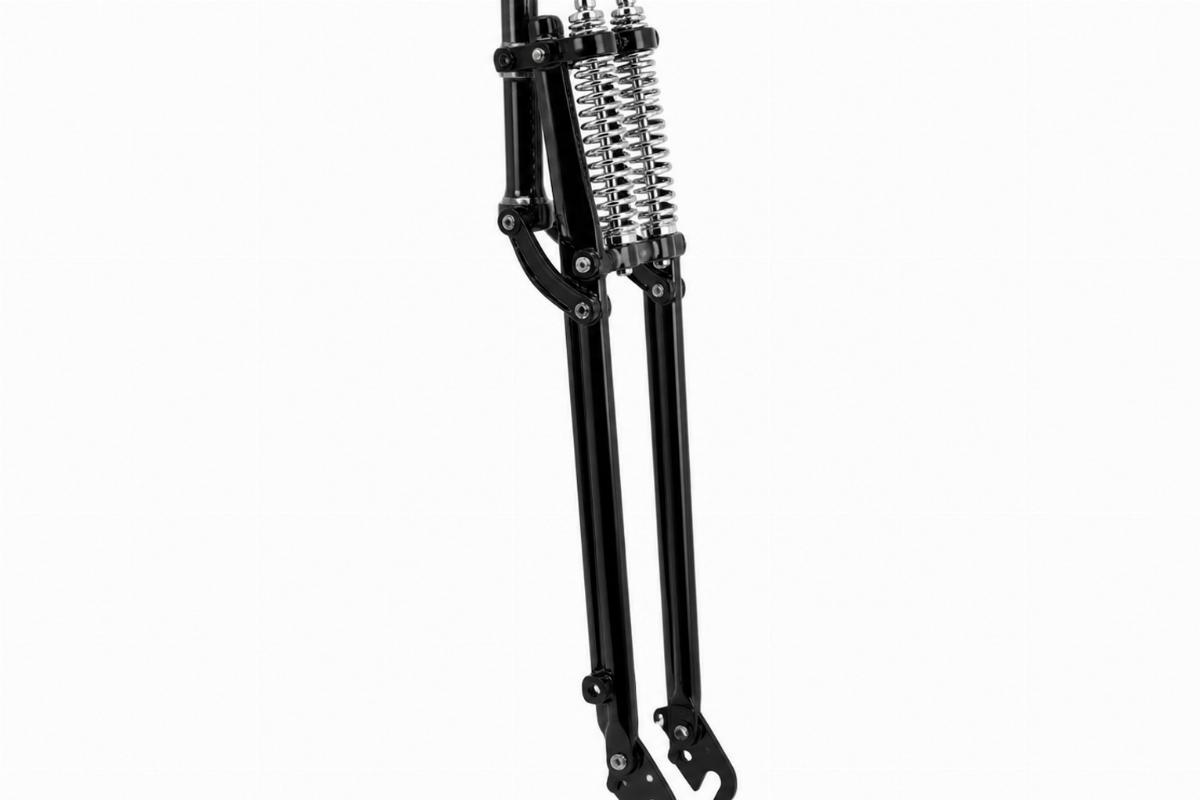 Side view of 20" narrow spring fork assembly with black finish and chrome springs