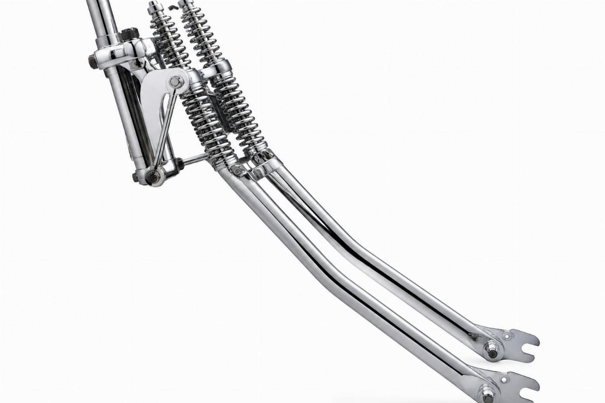 Side view of 20" narrow springer fork assembly showing chrome finish and left side rocker offset