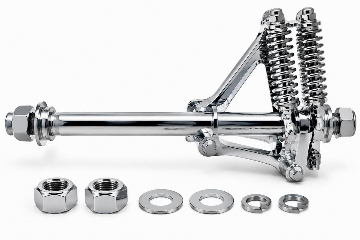 Side view of a 3/4 inch springer axle and nuts set showing chrome finish