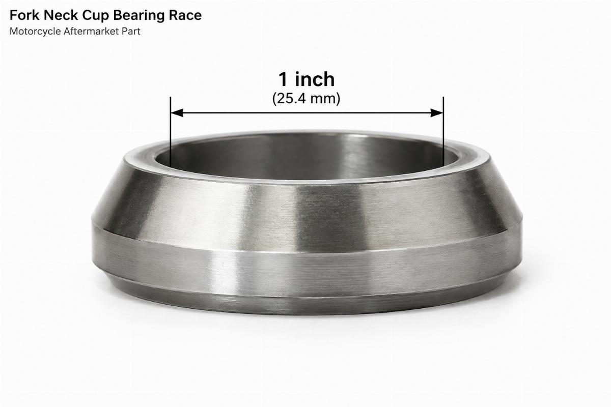 Side view of a fork neck cup bearing race motorcycle aftermarket part showing the 1 inch inner diameter