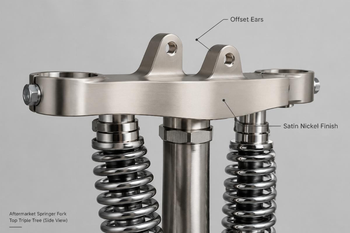 Side view of aftermarket springer fork top triple tree showing offset ears and satin nickel finish