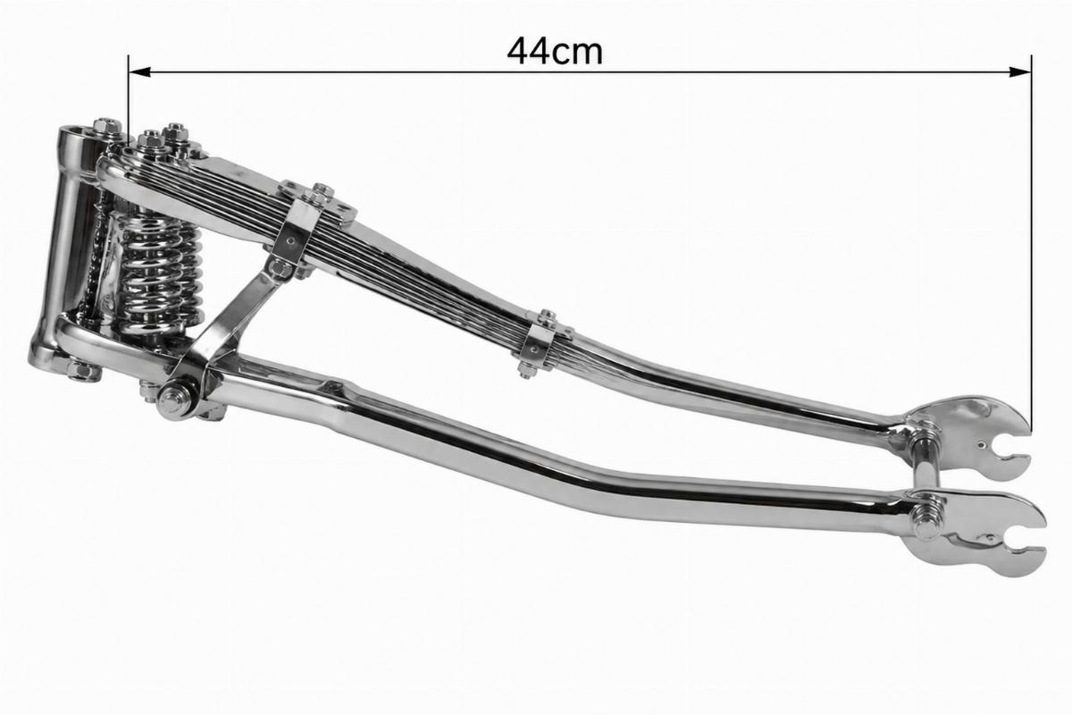 Side view of chrome leaf spring fork assembly for custom choppers showing 44cm length