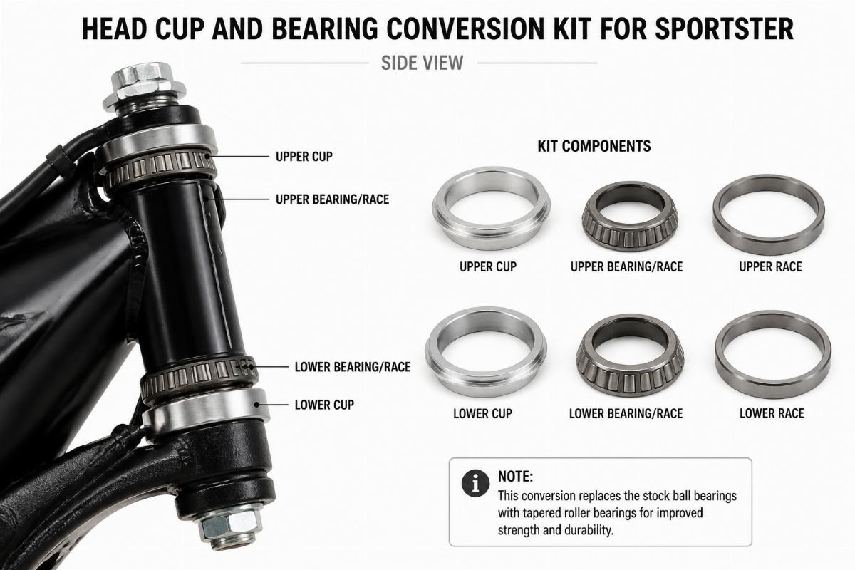 Side view of head cup and bearing conversion kit for Sportster showing cups and races