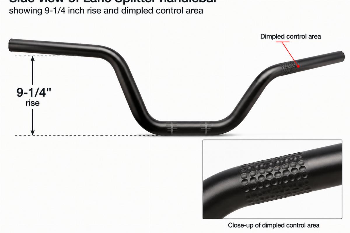 Side view of Lane Splitter handlebar showing 9-1/4 inch rise and dimpled control area