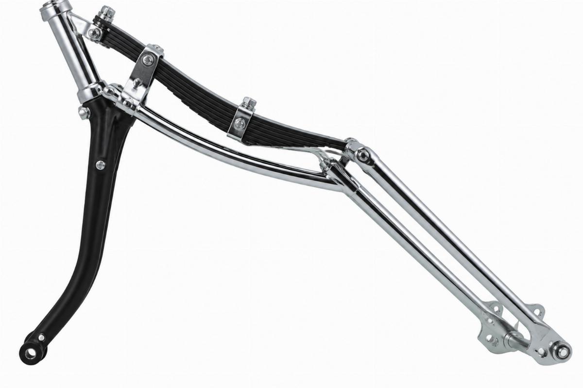Side view of leaf spring fork assembly for custom chopper showing chrome finish and black rear leg