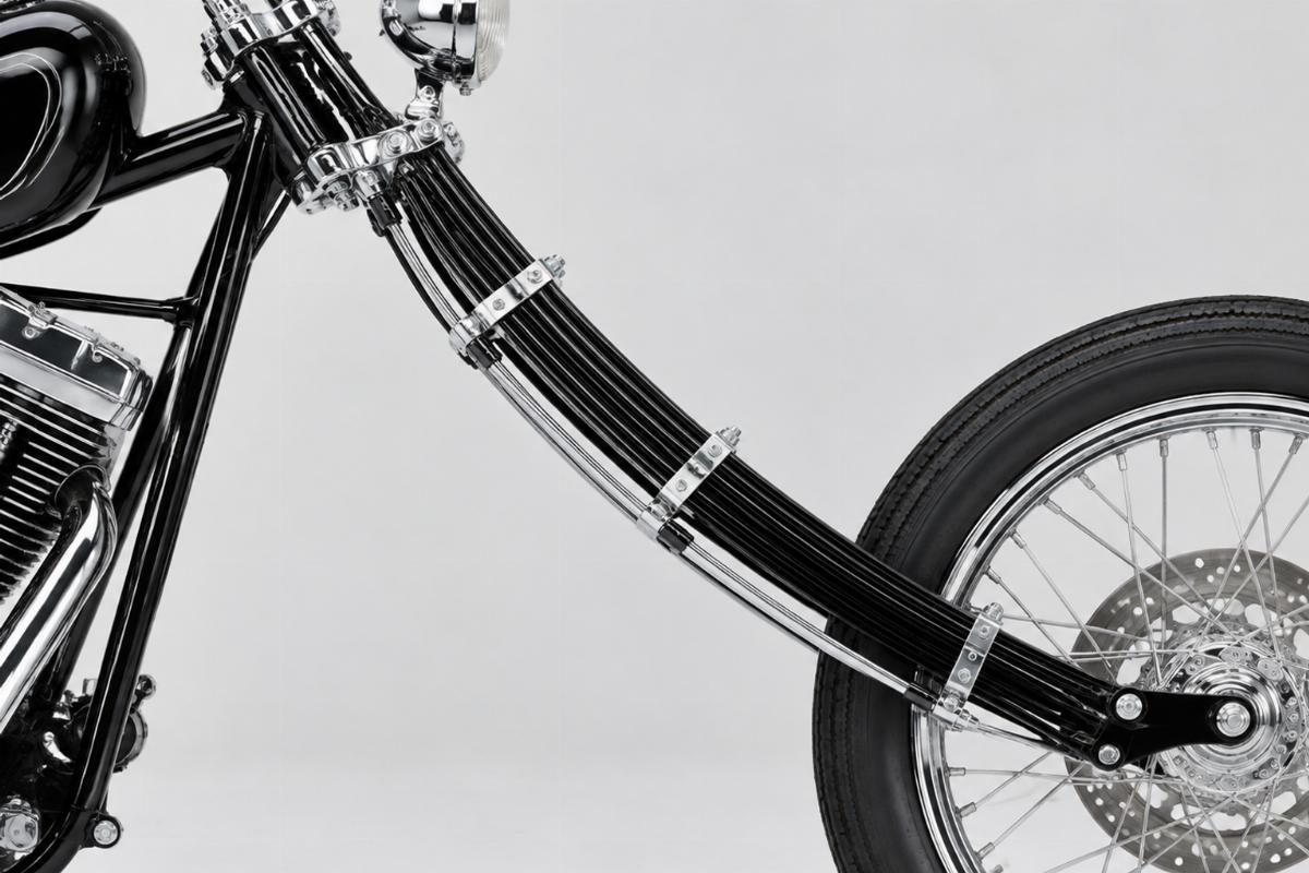 Side view of leaf spring fork assembly for custom chopper showing chrome and black finish