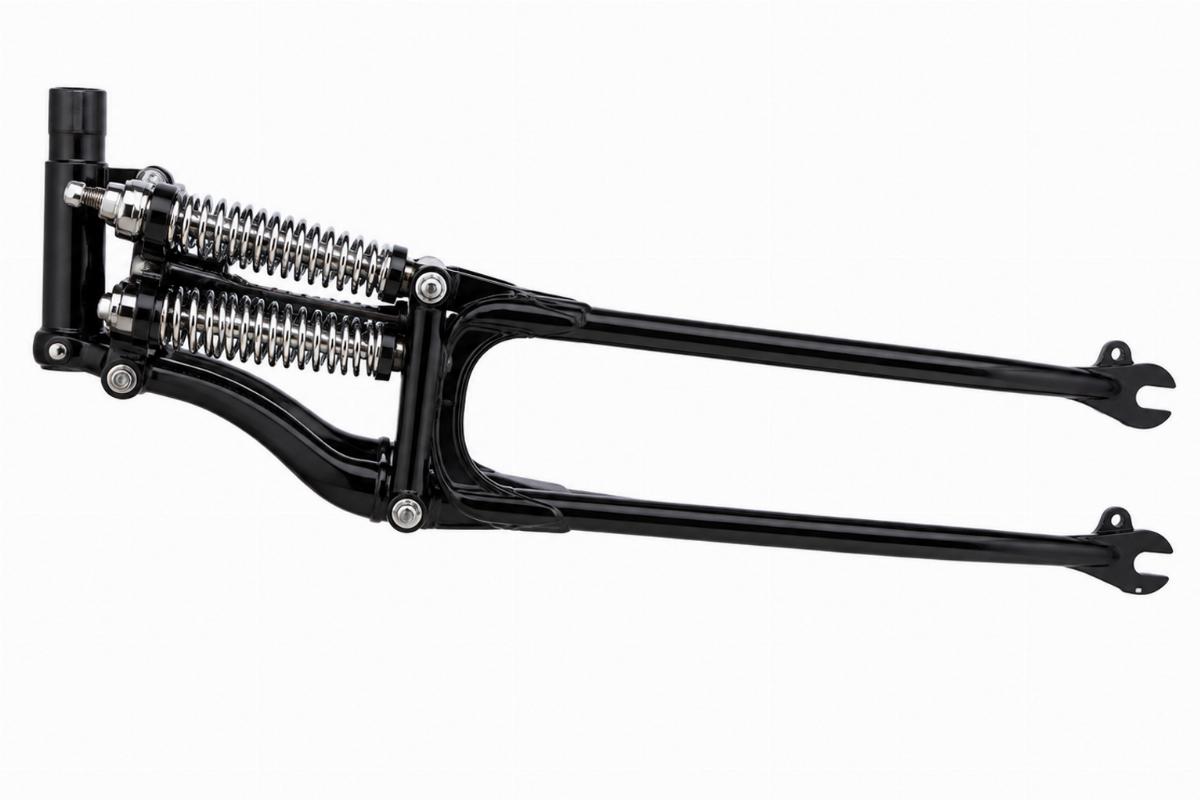 Side view of narrow spring fork assembly showing black finish and chrome springs