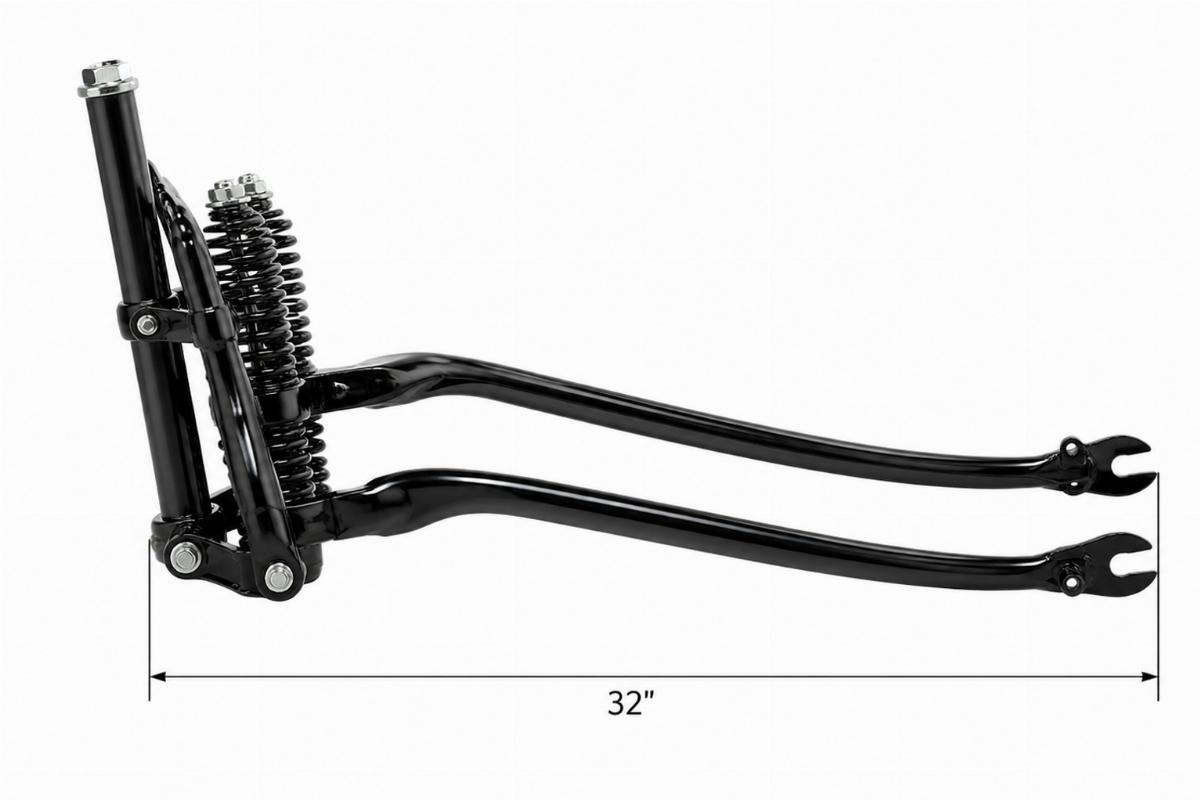 Side view of narrow springer fork assembly showing black finish and 32 inch length