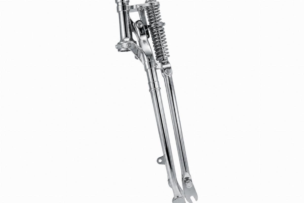 Side view of narrow springer fork assembly with chrome finish