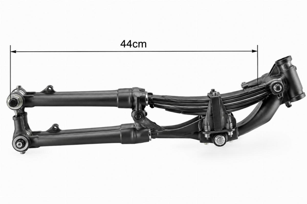 Side view of parkerized leaf spring fork assembly motorcycle aftermarket unit showing 44cm length
