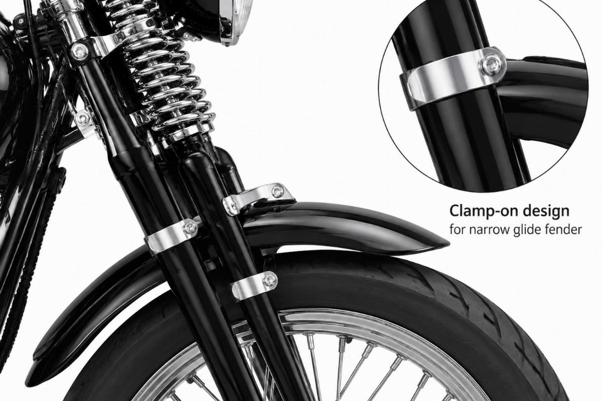 Side view of springer fender mounts for narrow glide showing clamp-on design