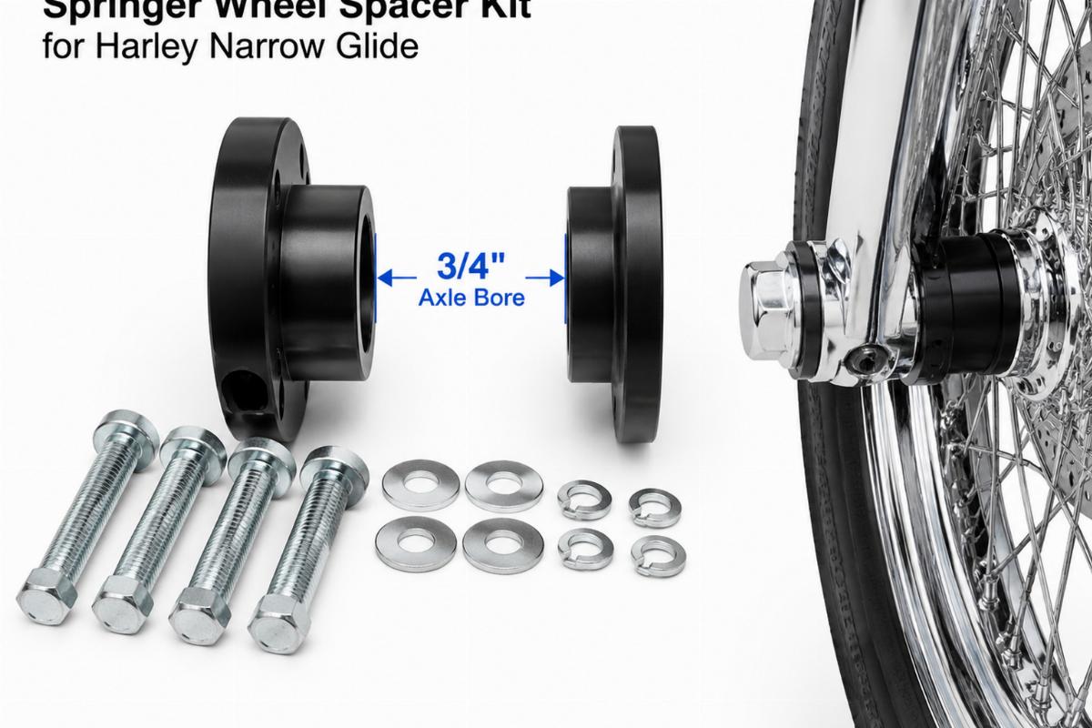 Side view of springer wheel spacer kit for harley narrow glide showing 3/4" axle bore