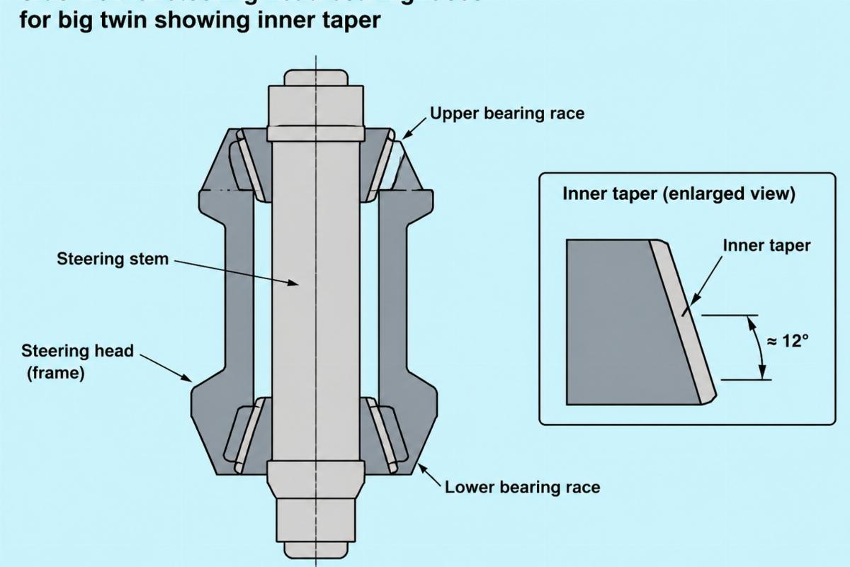Side view of steering head bearing races for big twin showing inner taper