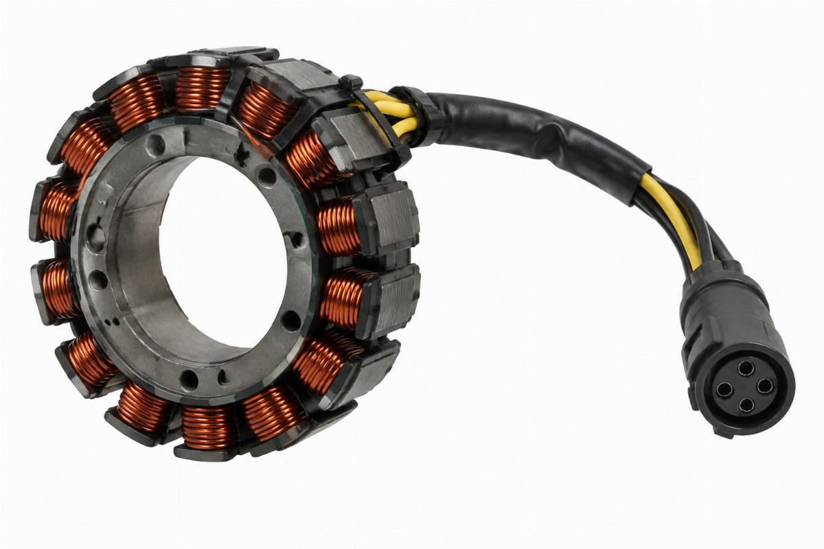Side view of unmolded alternator stator for sportster showing round female plug