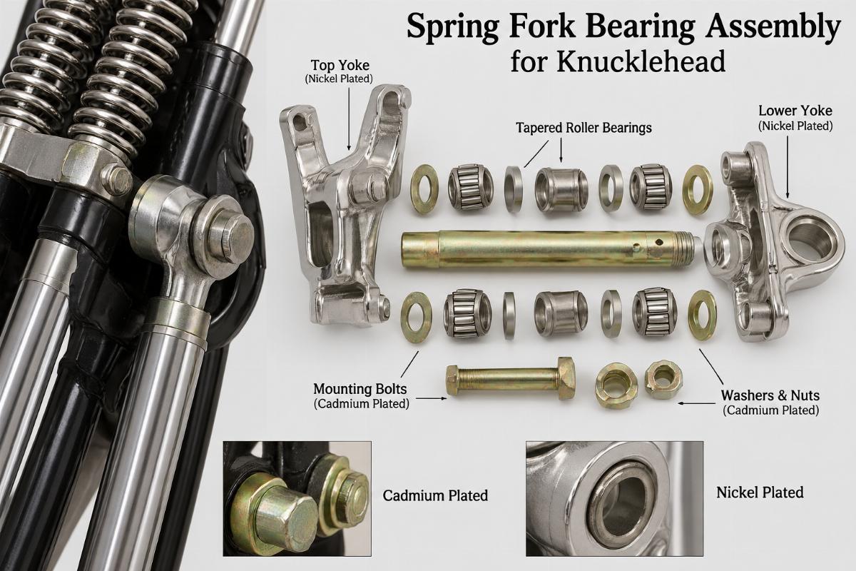 Spring fork bearing assembly for knucklehead showing cadmium and nickel plated components