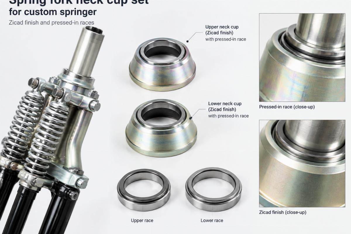 Spring fork neck cup set for custom springer showing Zicad finish and pressed-in races
