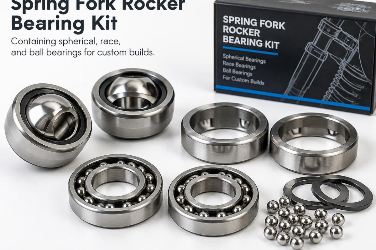 Spring fork rocker bearing kit containing spherical, race, and ball bearings for custom builds