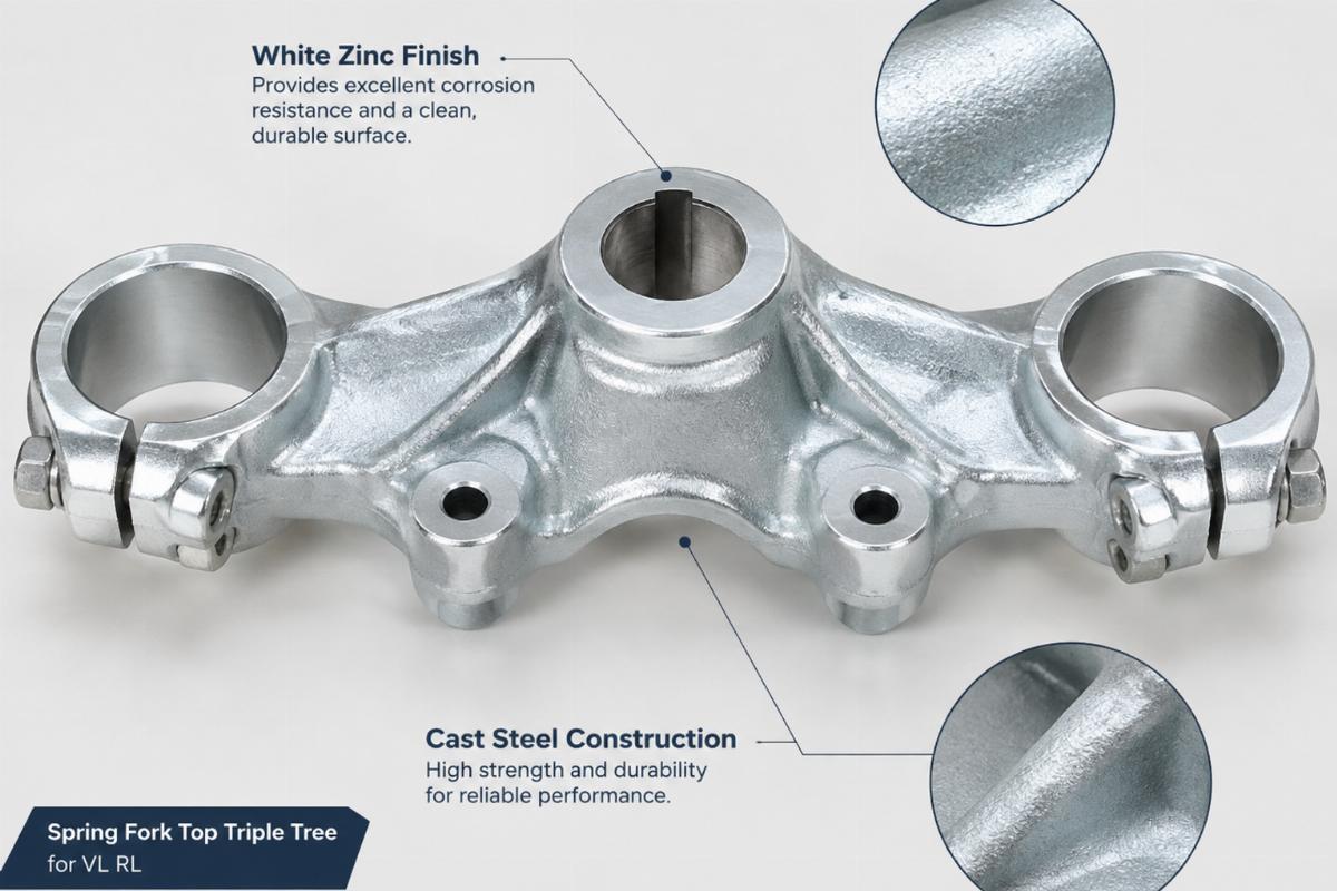 Spring fork top triple tree for vl rl showing white zinc finish and cast steel construction