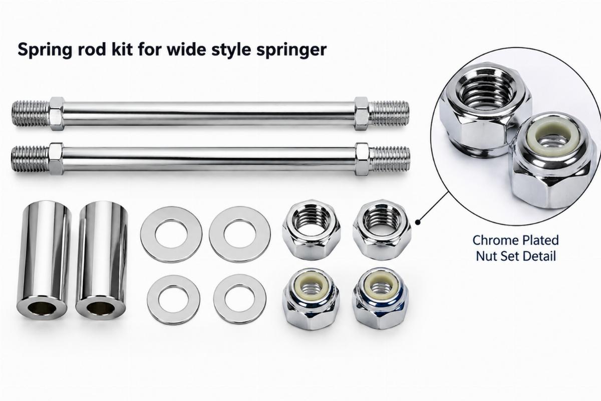 Spring rod kit for wide style springer showing chrome plated nut set detail