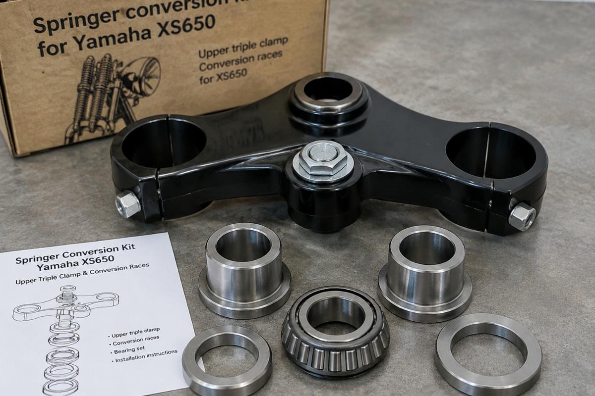 Springer conversion kit for Yamaha XS650 showing upper triple clamp and conversion races