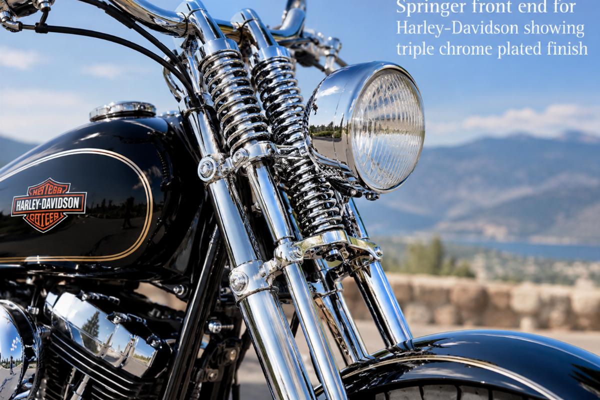 Springer front end for Harley-Davidson showing triple chrome plated finish