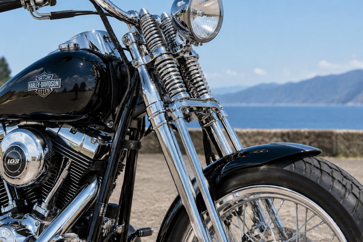 Springer front end for harley-davidson softail showing triple chrome plated finish