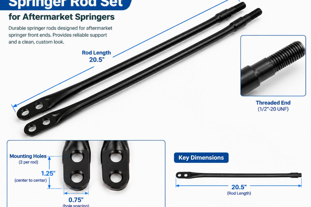 Springer rod set for aftermarket springers showing rod length and mounting holes