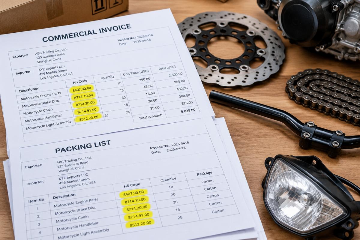 Stack of commercial invoices and packing lists with highlighted HS codes next to motorcycle parts