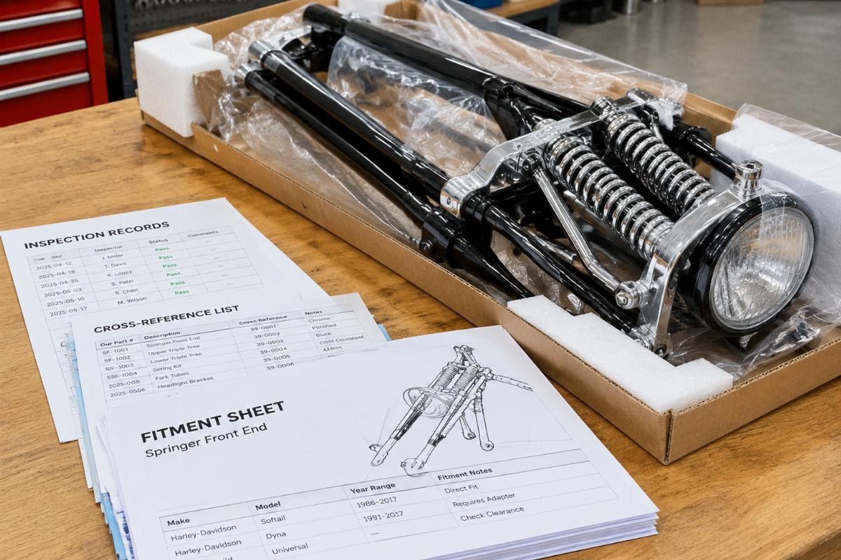 Stack of documentation including fitment sheets, cross-reference lists, and inspection records next to a packaged springer front end