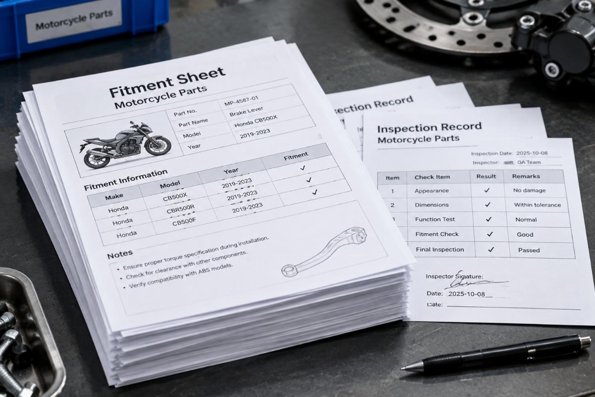 Stack of fitment sheets and inspection records for motorcycle parts