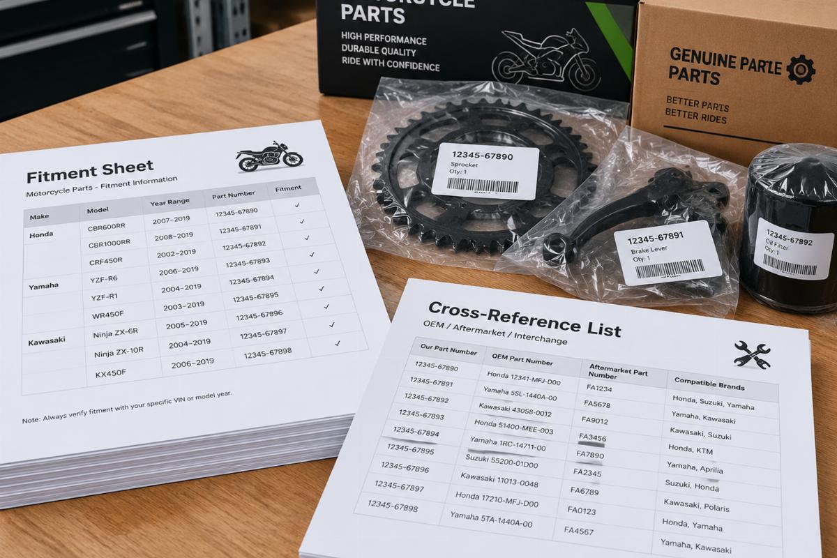 Stack of printed fitment sheets and cross-reference lists next to packaged motorcycle parts