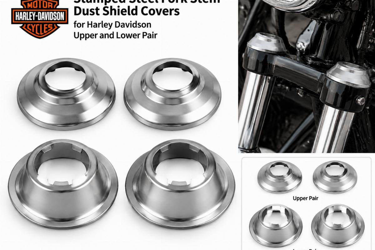 Stamped steel fork stem dust shield covers for harley davidson upper and lower pair