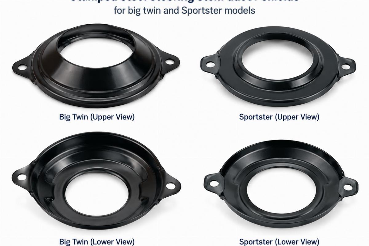 Stamped steel steering stem dust shields for big twin and Sportster models upper and lower view