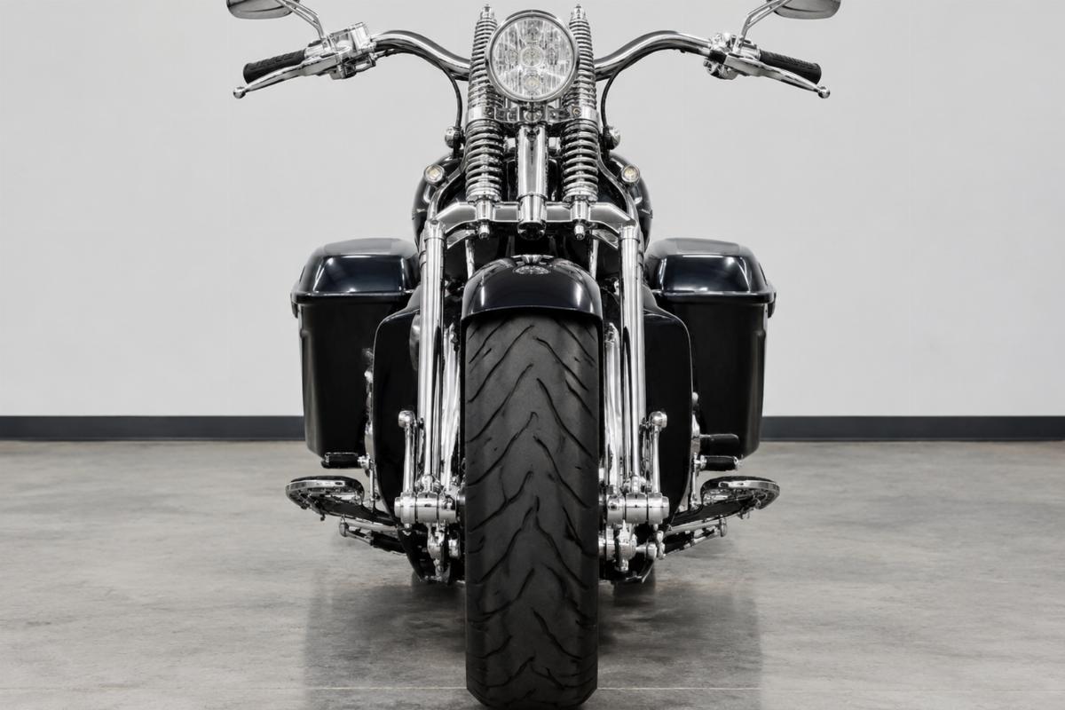 Standard chrome springer fork motorcycle aftermarket wide body front view