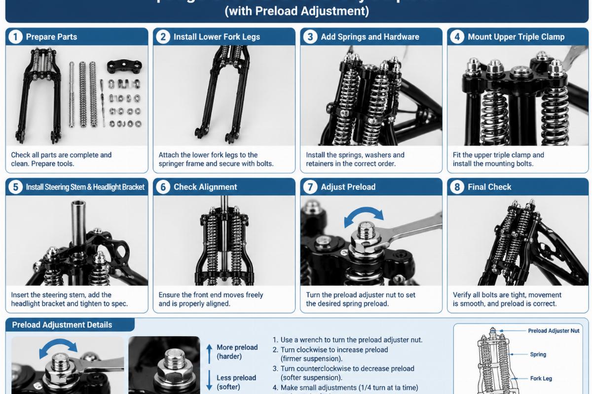Step-by-step diagram of springer front end assembly sequence showing preload adjustment
