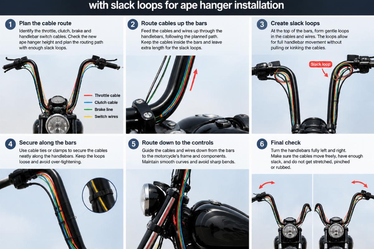 Step-by-step illustration of routing motorcycle cables with slack loops for ape hanger installation