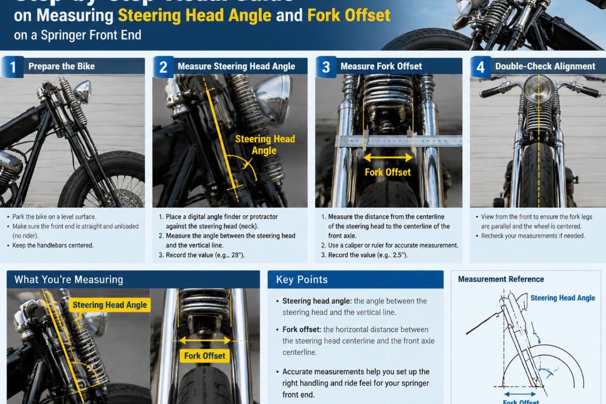 Step-by-step visual guide on measuring steering head angle and fork offset on a springer front end