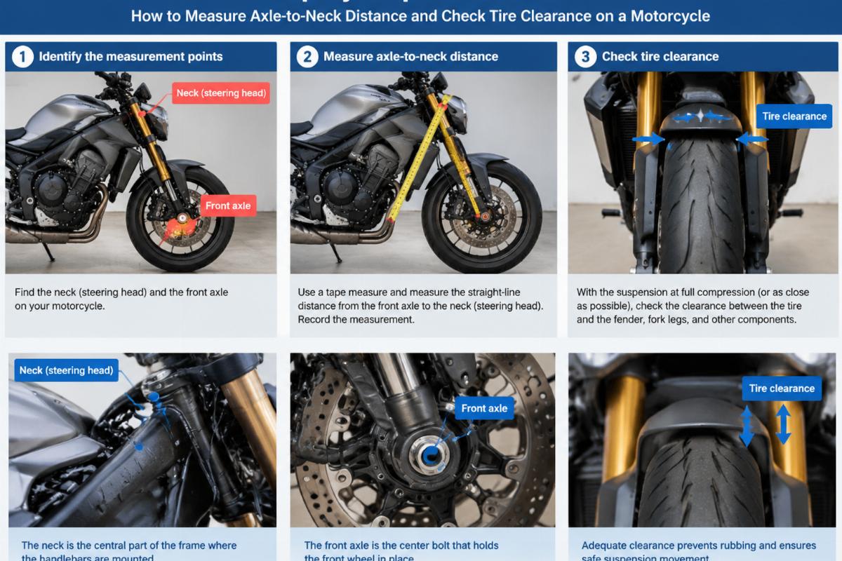 Step-by-step visual guide showing how to measure axle-to-neck distance and check tire clearance on a motorcycle