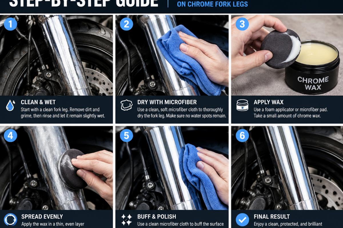 Step-by-step visual guide showing microfiber drying and wax application on chrome fork legs