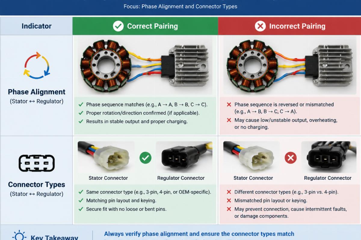 Table comparing correct vs incorrect stator-regulator pairing indicators, focusing on phase alignment and connector types