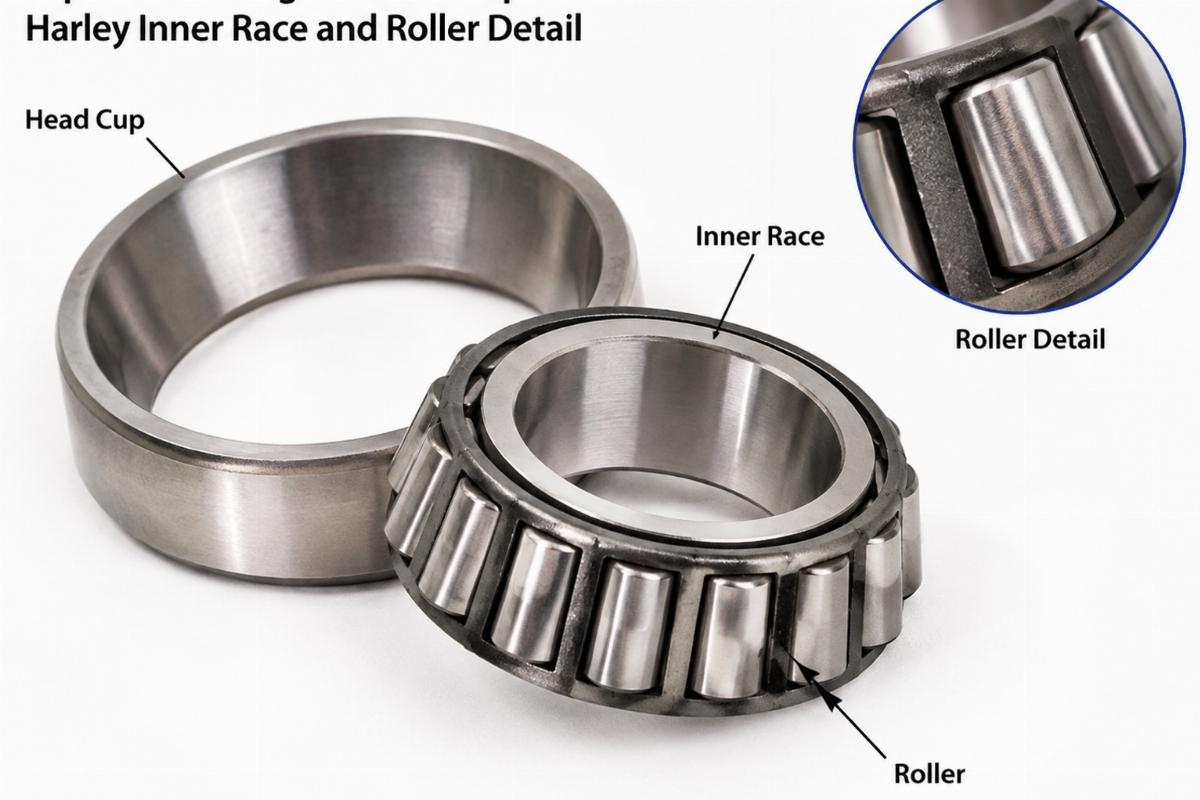 Tapered bearing for head cup harley inner race and roller detail