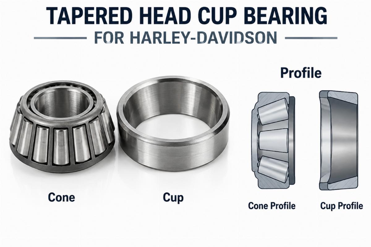 Tapered head cup bearing for harley-davidson showing cone and cup profile