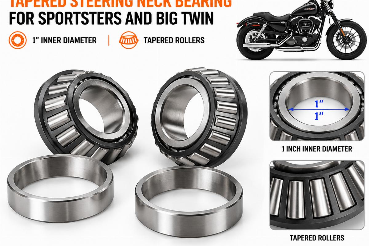 Tapered steering neck bearing for sportsters and big twin showing 1 inch inner diameter and tapered rollers