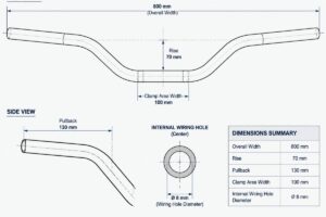 Technical drawing of custom handlebar showing rise, pullback, and internal wiring hole dimensions