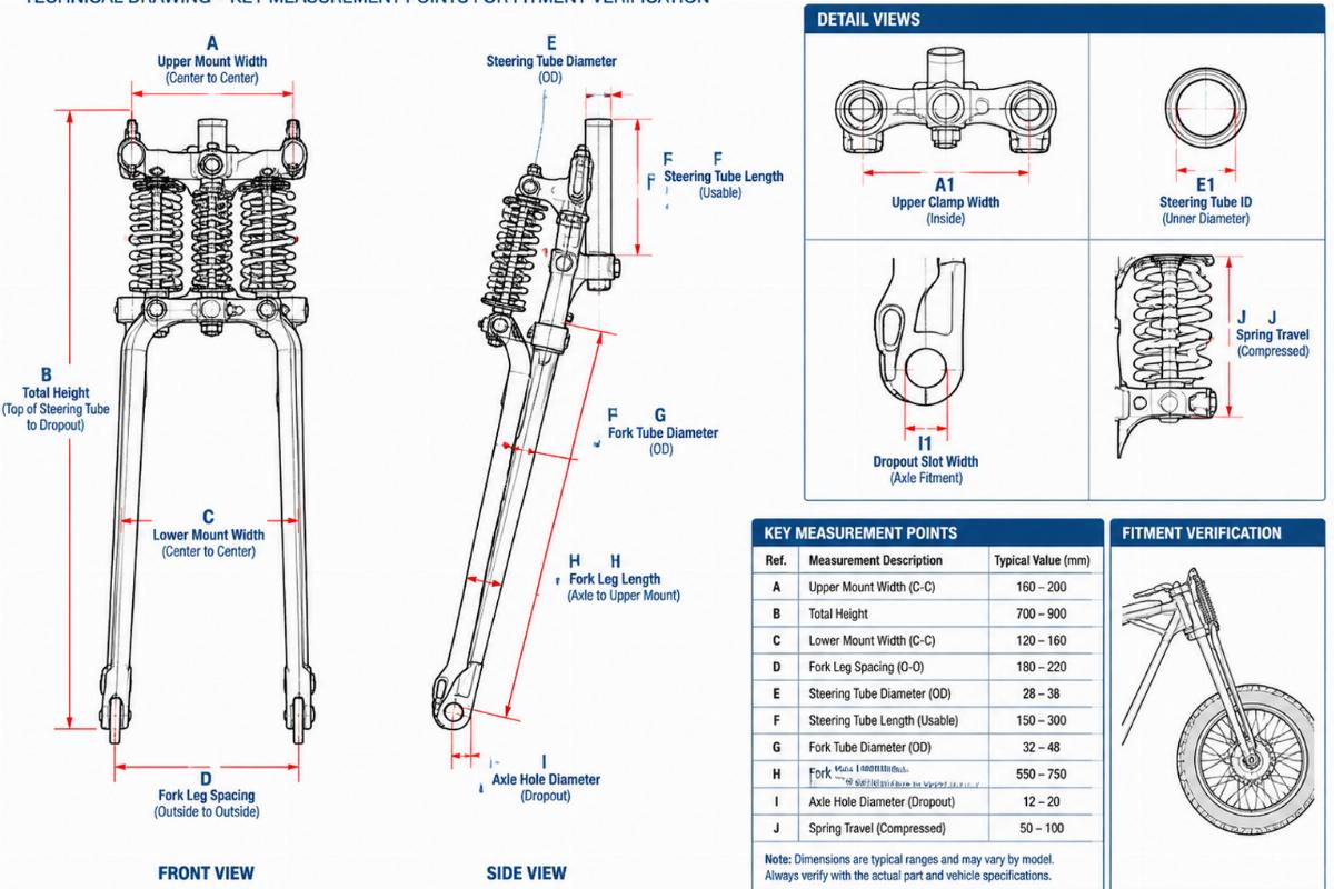 Technical drawing of springer fork assembly highlighting key measurement points for fitment verification