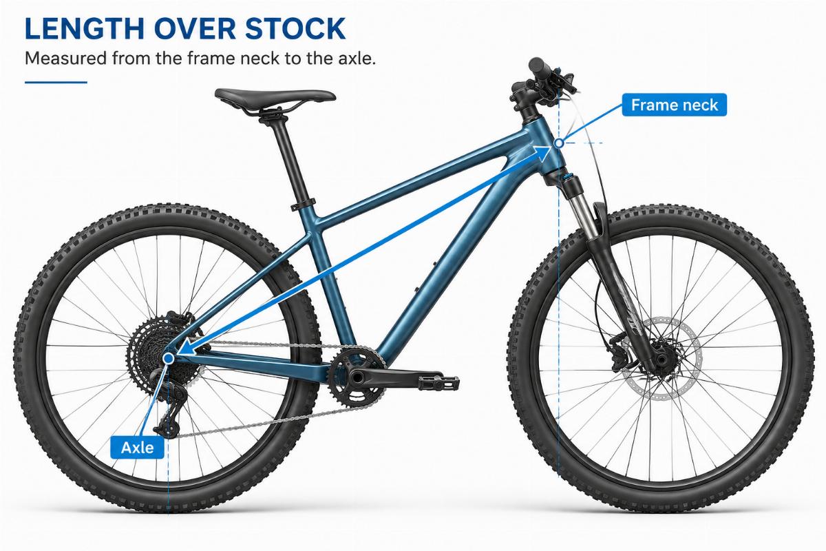 Technical illustration measuring length over stock from frame neck to axle